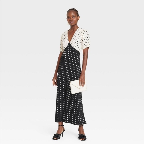 Women's Crepe Puff Short Sleeve Midi Dress A New Day Black/White Polka dot new - Picture 5 of 7